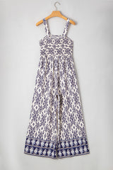 Blue Boho Geometric Print Shirred High Waist Wide Leg Jumpsuit Jumpsuits & Rompers JT's Designer Fashion