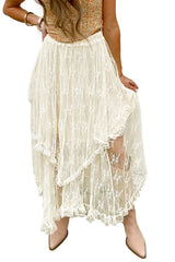 Beige Lace Cascading Tiered High Waist Maxi Skirt Skirts & Petticoat JT's Designer Fashion