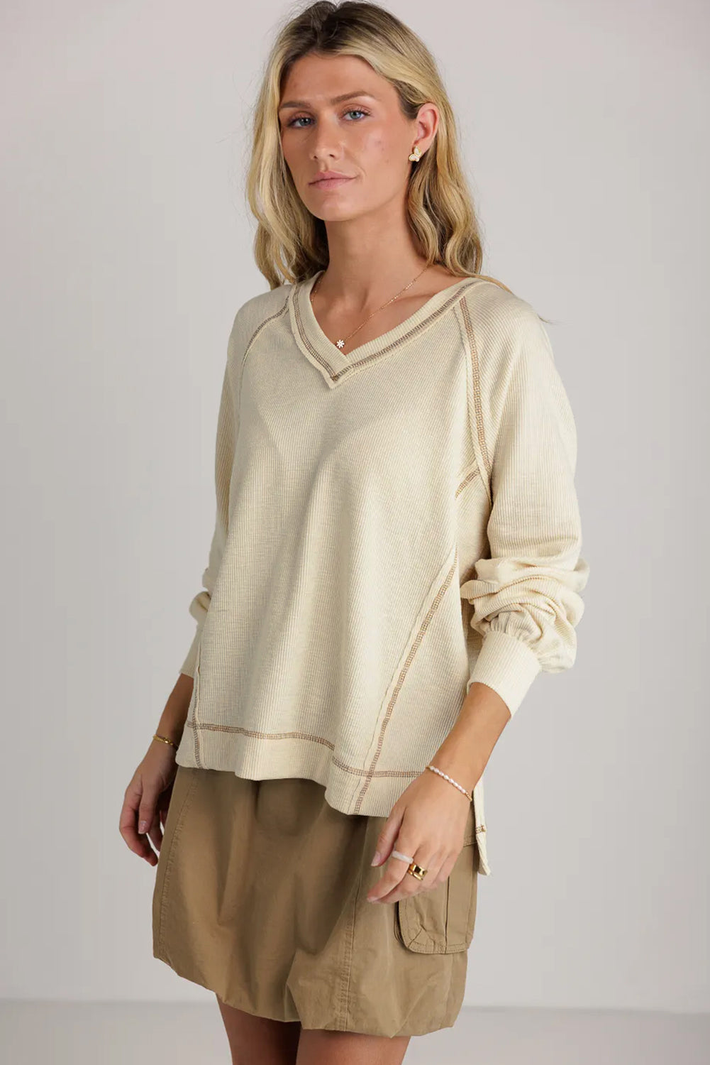Beige Exposed Seam Textured Knit V Neck Pullover Top Long Sleeve Tops JT's Designer Fashion
