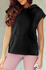 Black Solid Color Cap Sleeve Kangaroo Pocket Hoodie Sweatshirts & Hoodies JT's Designer Fashion