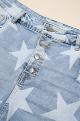 Sky Blue Star Printed Multi Buttons Slit Knee Destroyed Plus Size Jeans Plus Size Bottoms JT's Designer Fashion