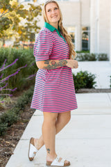Rose Stripe Collared V Neck Puff Sleeve Shift T Shirt Dress with Pockets Plus Size Mini Dresses JT's Designer Fashion