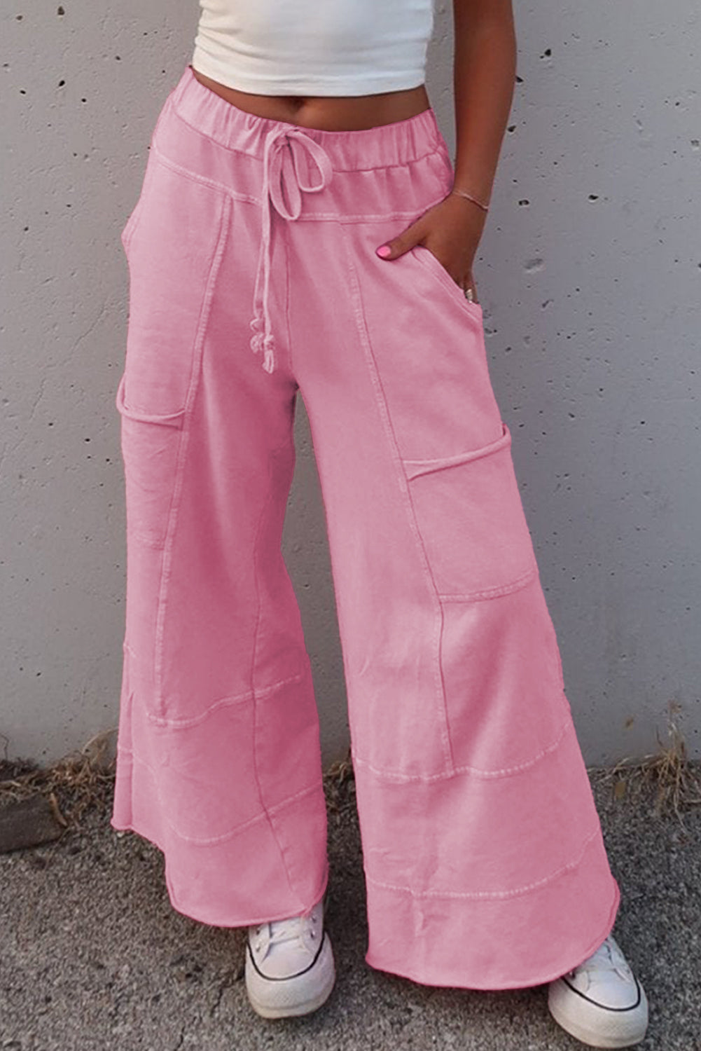 Bonbon Mineral Wash Exposed Seam Drawstring High Waist Wide Leg Cargo Pants Casual Shorts JT's Designer Fashion