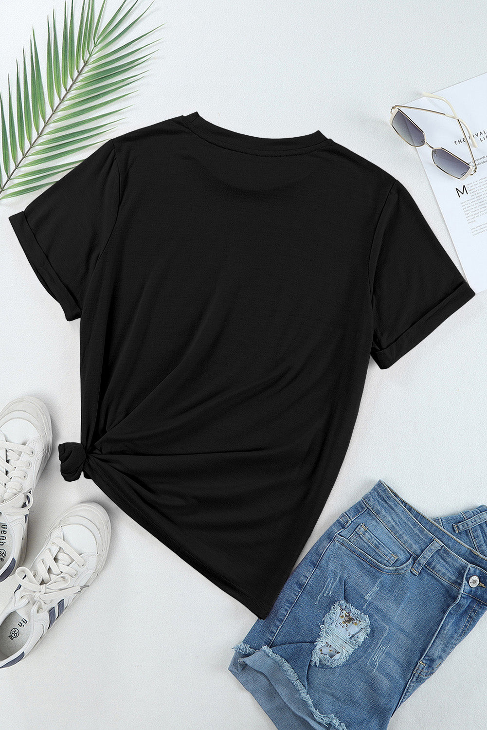 Black Sequined Flag Bowknot Graphic T Shirt Graphic Tees JT's Designer Fashion