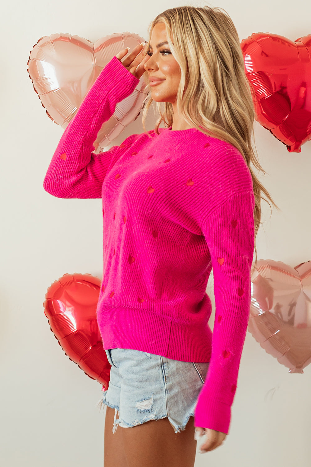 Rose Red Heart Shape Drop Shoulder Round Neck Sweater Sweaters JT's Designer Fashion
