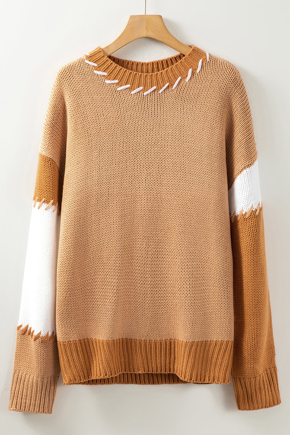 Light French Beige Color Block Contrast Stitch Oversized Sweater Sweaters & Cardigans JT's Designer Fashion