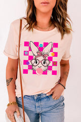 Pink Easter Rabbit Checkered Flower Print O-neck T Shirt Graphic Tees JT's Designer Fashion