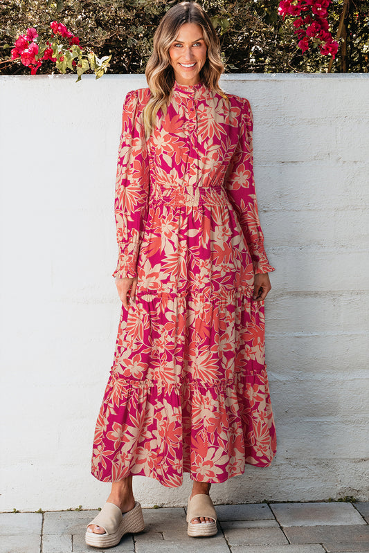Rose Floral Print Buttoned Smocked High Waist Maxi Dress Rose 100%Cotton Floral Dresses JT's Designer Fashion