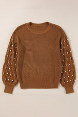Chestnut Beaded Drop Shoulder Round Neck Sweater Sweaters JT's Designer Fashion