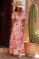 Pink Abstract Printed Flutter Sleeve Daring Cutout Long Dress Maxi Dresses JT's Designer Fashion
