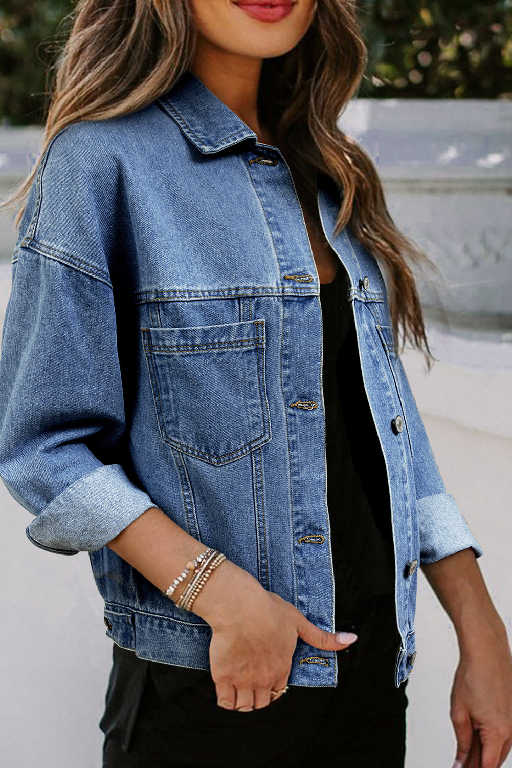 Light Blue Washed Oversize Pocketed Denim Jacket Denim Jackets JT's Designer Fashion