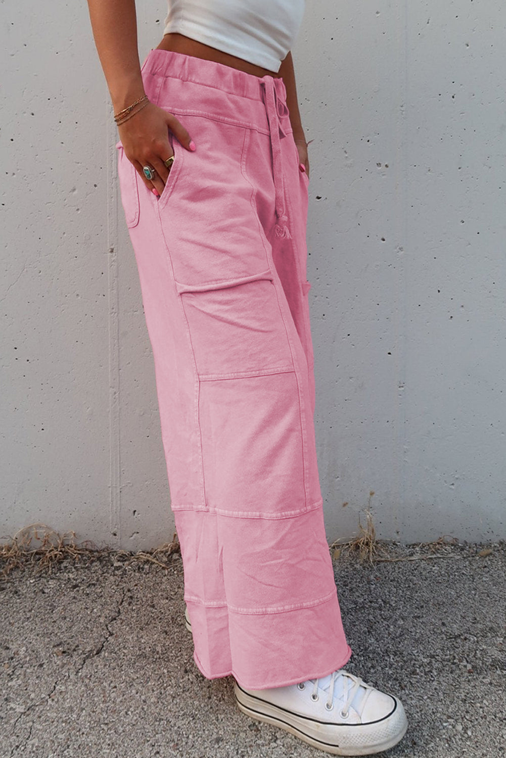 Bonbon Mineral Wash Exposed Seam Drawstring High Waist Wide Leg Cargo Pants Casual Shorts JT's Designer Fashion