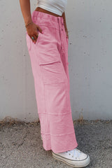 Bonbon Mineral Wash Exposed Seam Drawstring High Waist Wide Leg Cargo Pants Casual Shorts JT's Designer Fashion