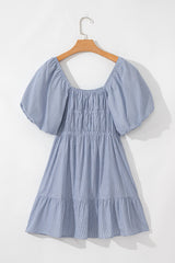 Sky Blue Stripe Bubble Sleeve Square Neck Ruched Pocketed Babydoll Dress Mini Dresses JT's Designer Fashion
