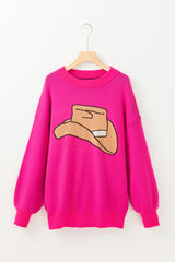 Rose Red YEEHAW Cowboy Hat Drop Shoulder Oversized Sweater Sweaters JT's Designer Fashion