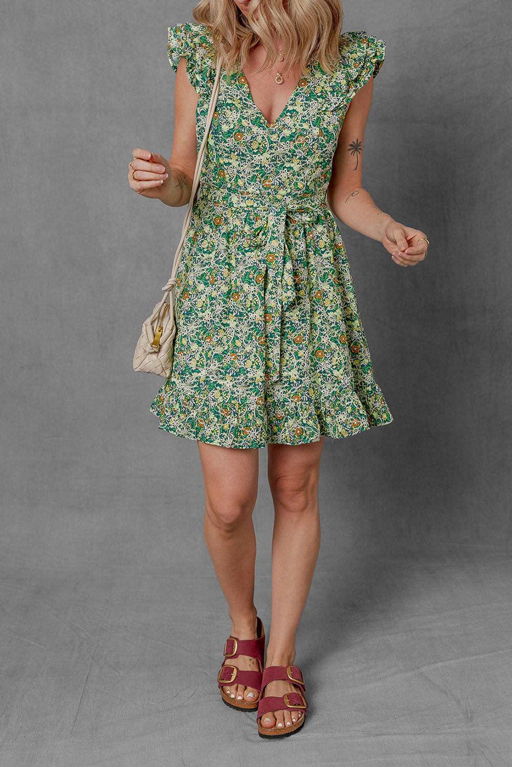 Green Flower Print Flutter Sleeve V Neck Sashed Ruffled Mini Dress Floral Dresses JT's Designer Fashion