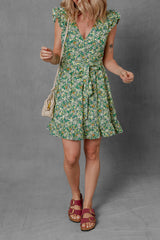 Green Flower Print Flutter Sleeve V Neck Sashed Ruffled Mini Dress Floral Dresses JT's Designer Fashion