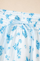 Sky Blue Floral Striped Print Contrast Patched Pocket Shirt and Shorts Set Short Sets JT's Designer Fashion