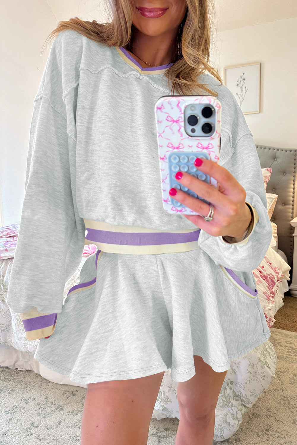 Light Grey Contrast Striped Bands Cropped Pullover and Athletic Short Set Short Sets JT's Designer Fashion
