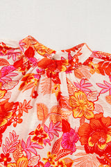 Orange Floral Print Pearl Button Keyhole Long Puff Sleeve Blouse Blouses & Shirts JT's Designer Fashion