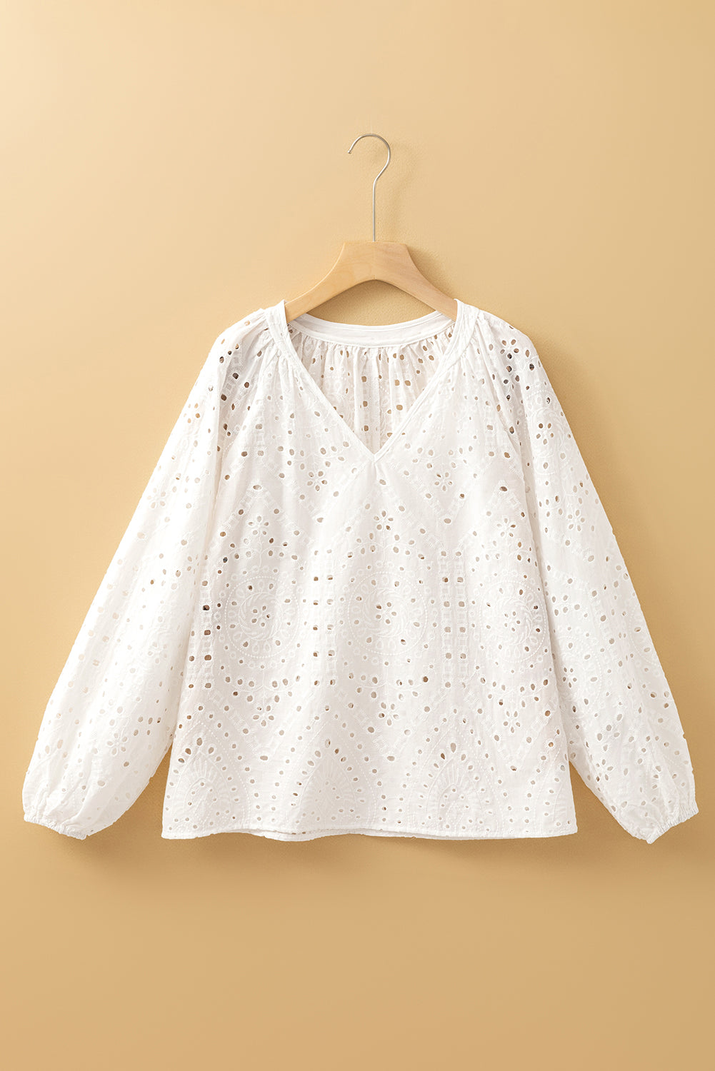 White Eyelet Embroidered Puff Sleeve V Neck Blouse Blouses & Shirts JT's Designer Fashion