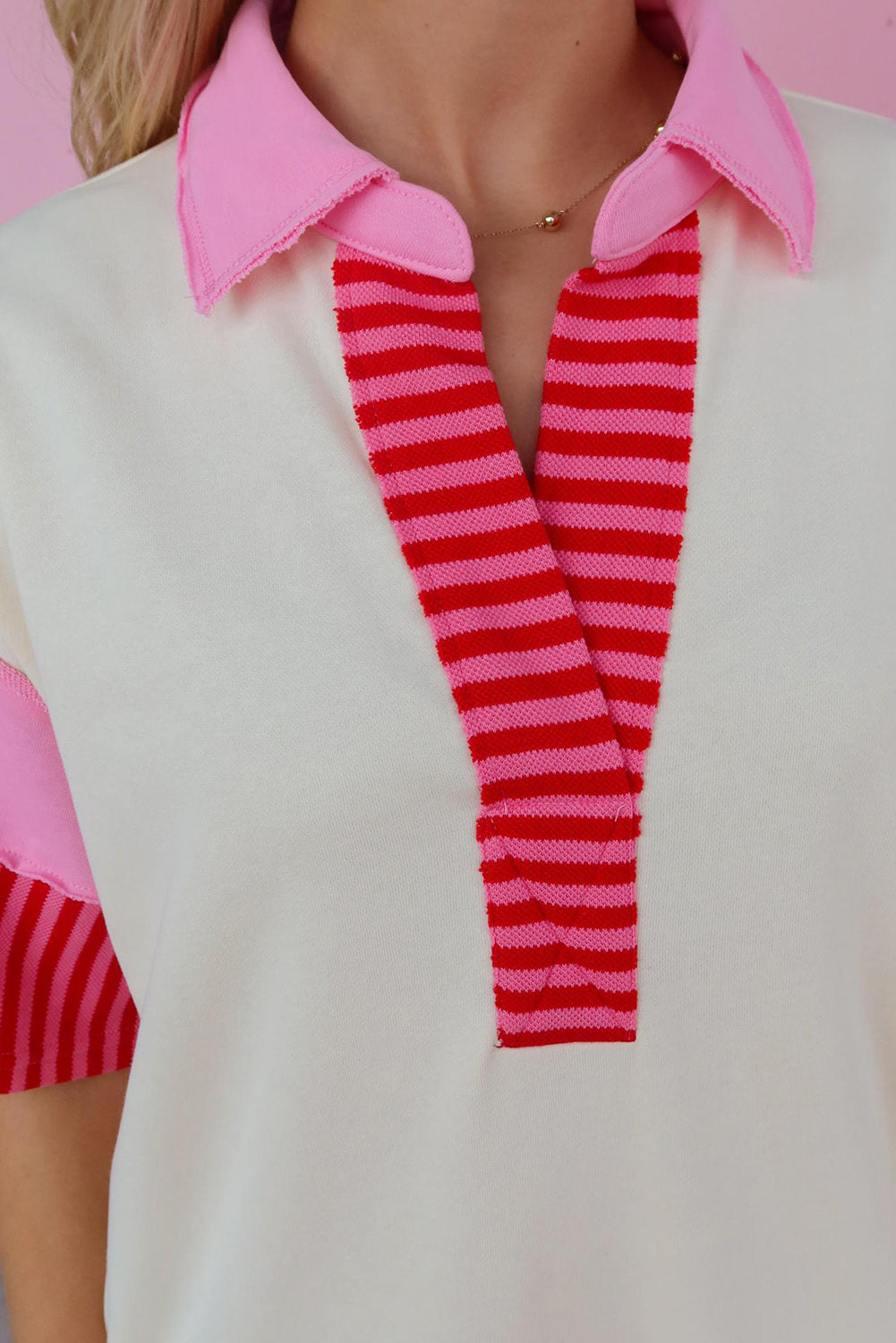 White Stripe Colorblock Short Sleeve Collared Mini Dress Dresses JT's Designer Fashion