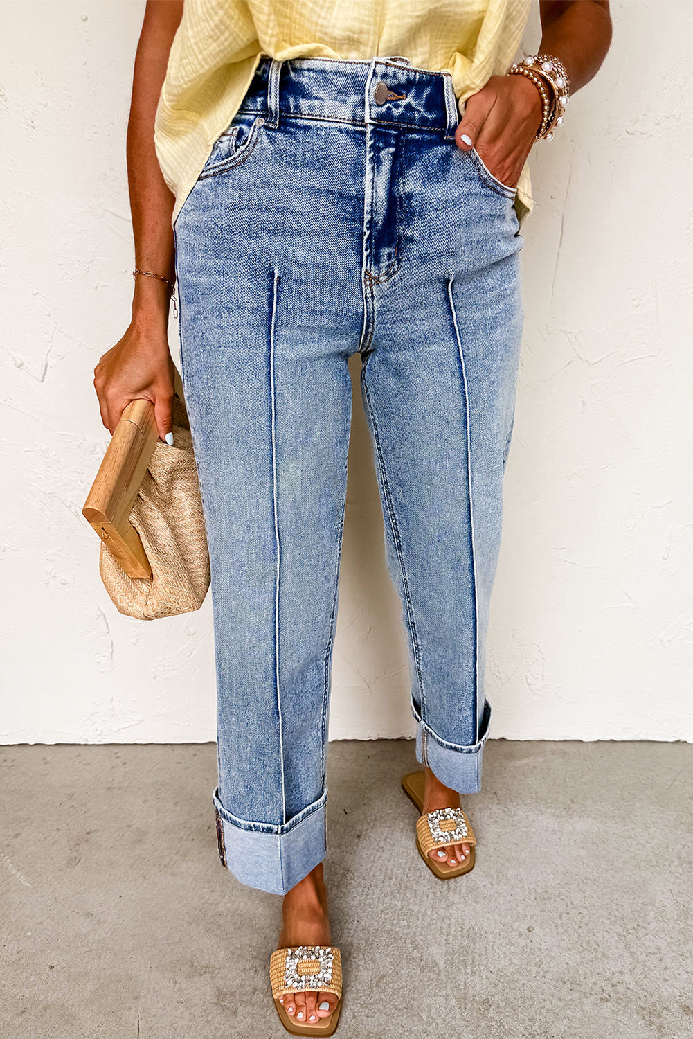 Myosotis Center Seam Cuffed Hem Straight High Waist Jeans Myosotis 65%Cotton+33%Polyester+2%Elastane Jeans JT's Designer Fashion