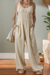 Beige Ruched High Waist Sleeveless Wide Leg Jumpsuit Jumpsuits & Rompers JT's Designer Fashion