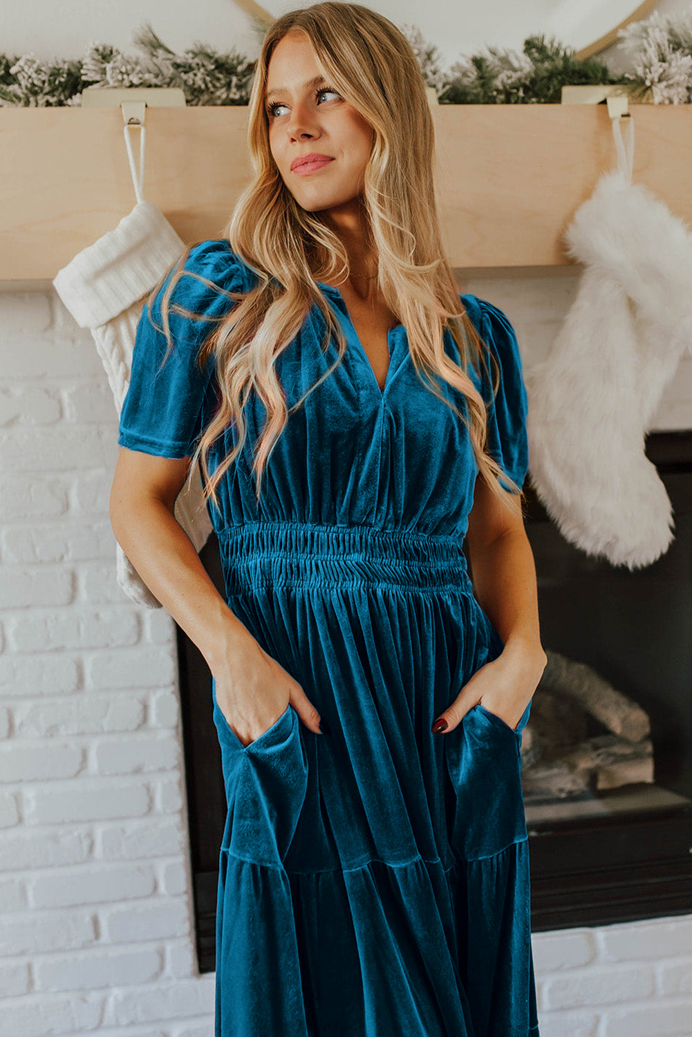 Prussian Blue Velvet Short Sleeve Shirred Waist Tiered Long Dress Maxi Dresses JT's Designer Fashion