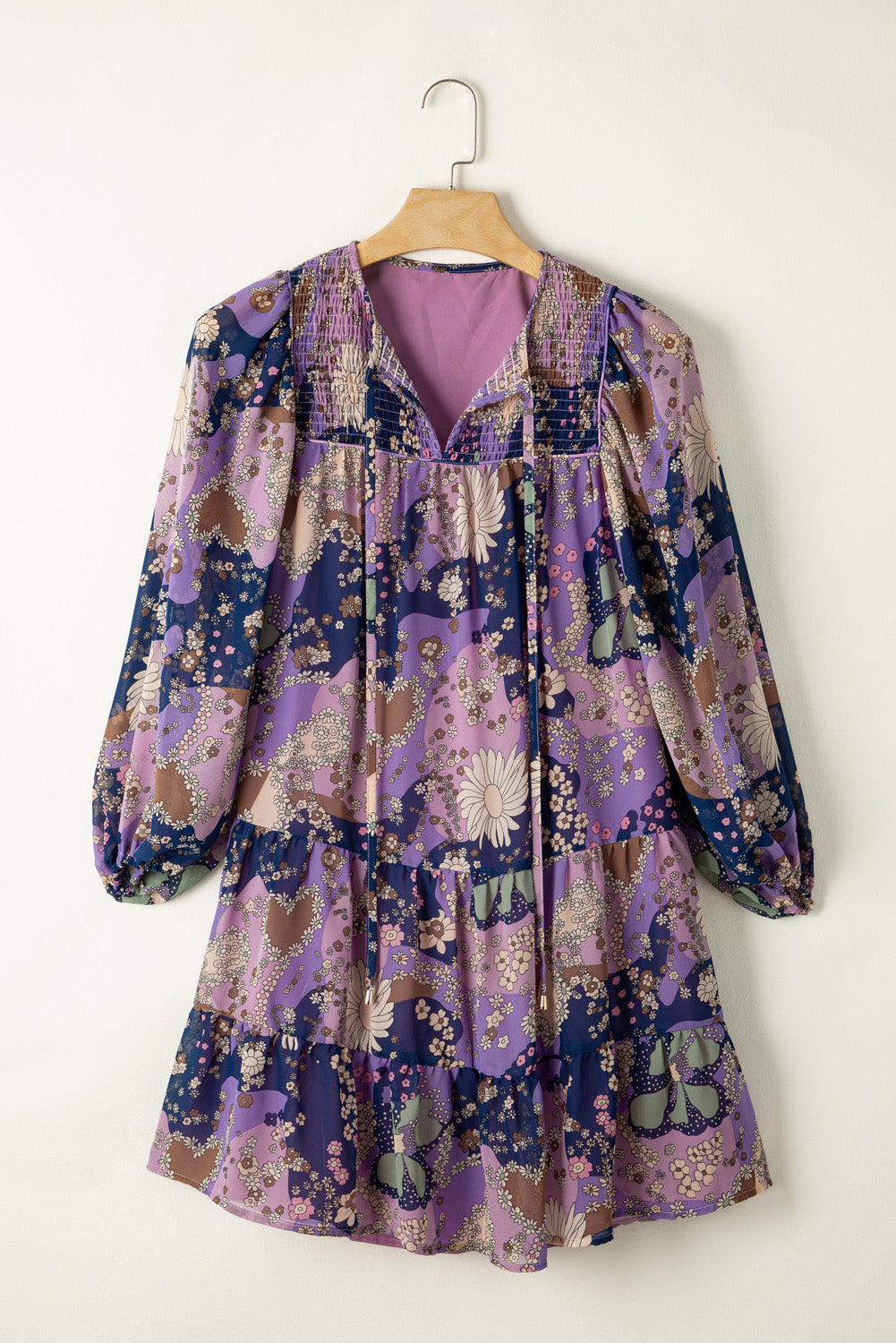 Purple Vintage Daisy Floral Puff Sleeve Ruffle Short Dress Floral Dresses JT's Designer Fashion