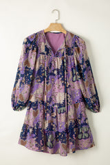 Purple Vintage Daisy Floral Puff Sleeve Ruffle Short Dress Floral Dresses JT's Designer Fashion