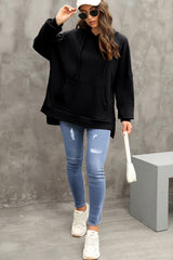 Black Waffle Knit Fleece Lined High Low Oversized Hoodie Sweatshirts & Hoodies JT's Designer Fashion