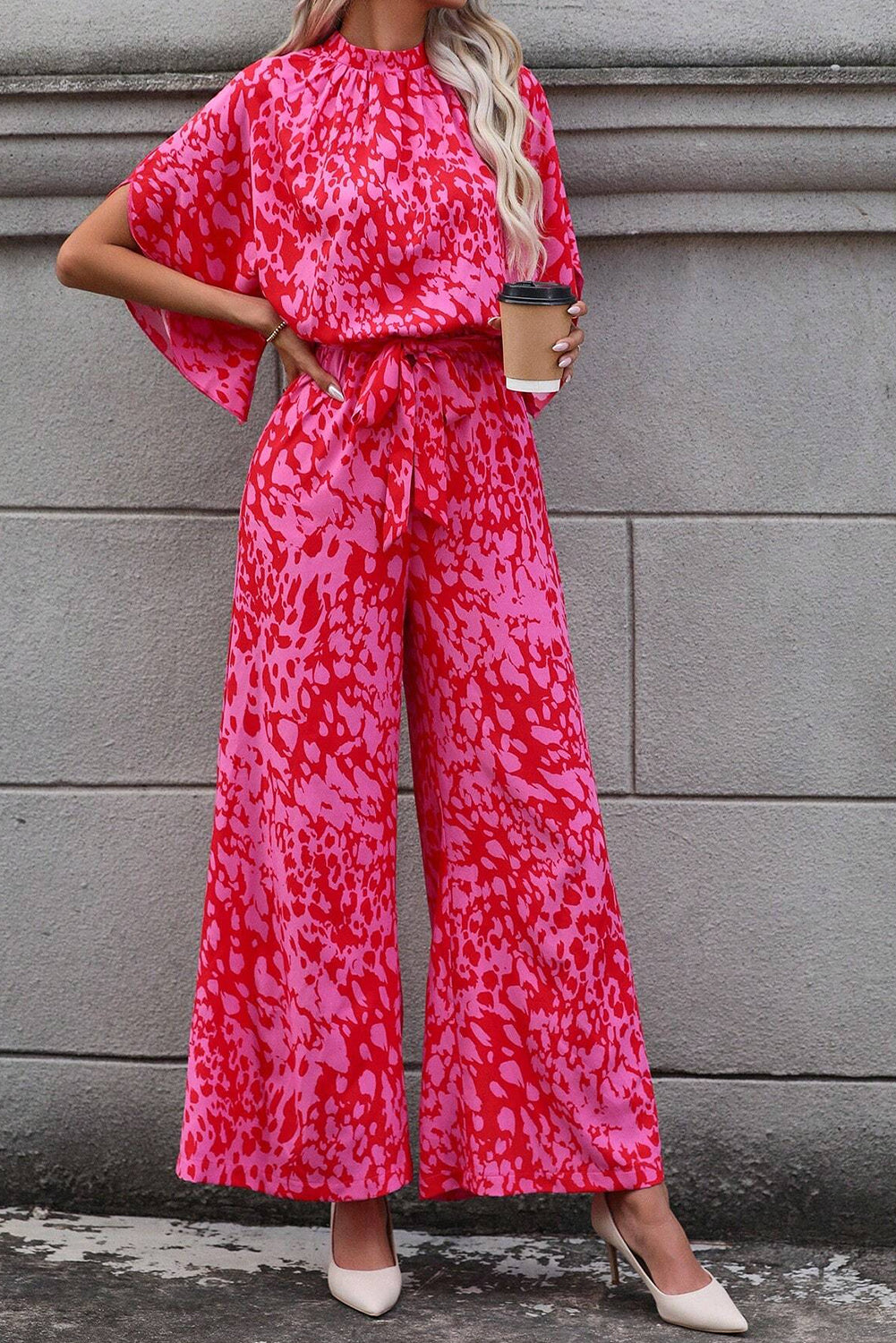 Rose Leopard Loose Sleeve Belted Wide Leg Jumpsuit Bottoms JT's Designer Fashion