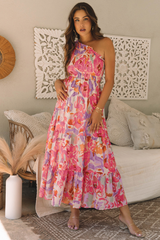 Pink Abstract Floral Print Shirred One Shoulder Maxi Dress Floral Dresses JT's Designer Fashion