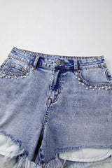 Beau Blue Pearl Studded Pockets Raw Hem Denim Shorts Denim Shorts JT's Designer Fashion