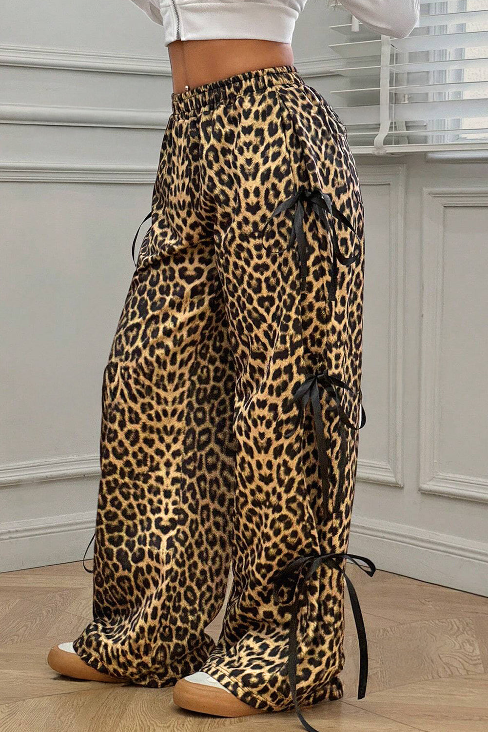 Brown Leopard Print Bow Tie Drawstring Elastic Waist Loose High Waist Pants Pants & Culotte JT's Designer Fashion