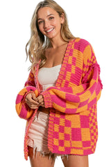 Multicolor Open Front Mixed Checkered Pattern Knit Cardigan Sweaters & Cardigans JT's Designer Fashion