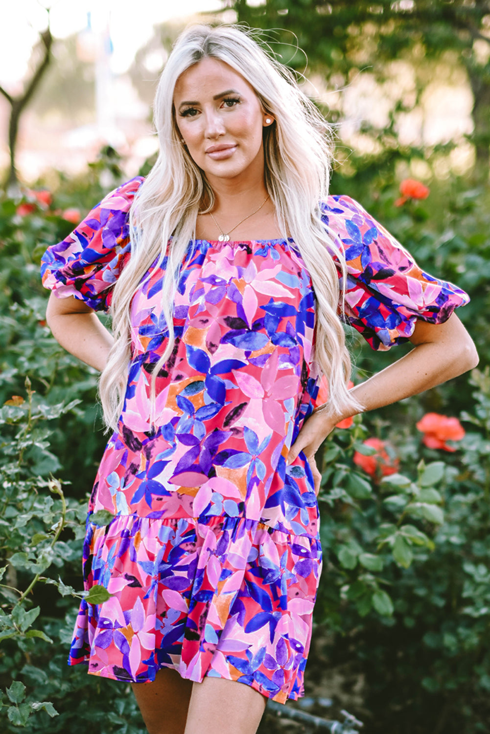 Purple Flower Print Short Puff Sleeve Ruffled Dress Floral Dresses JT's Designer Fashion