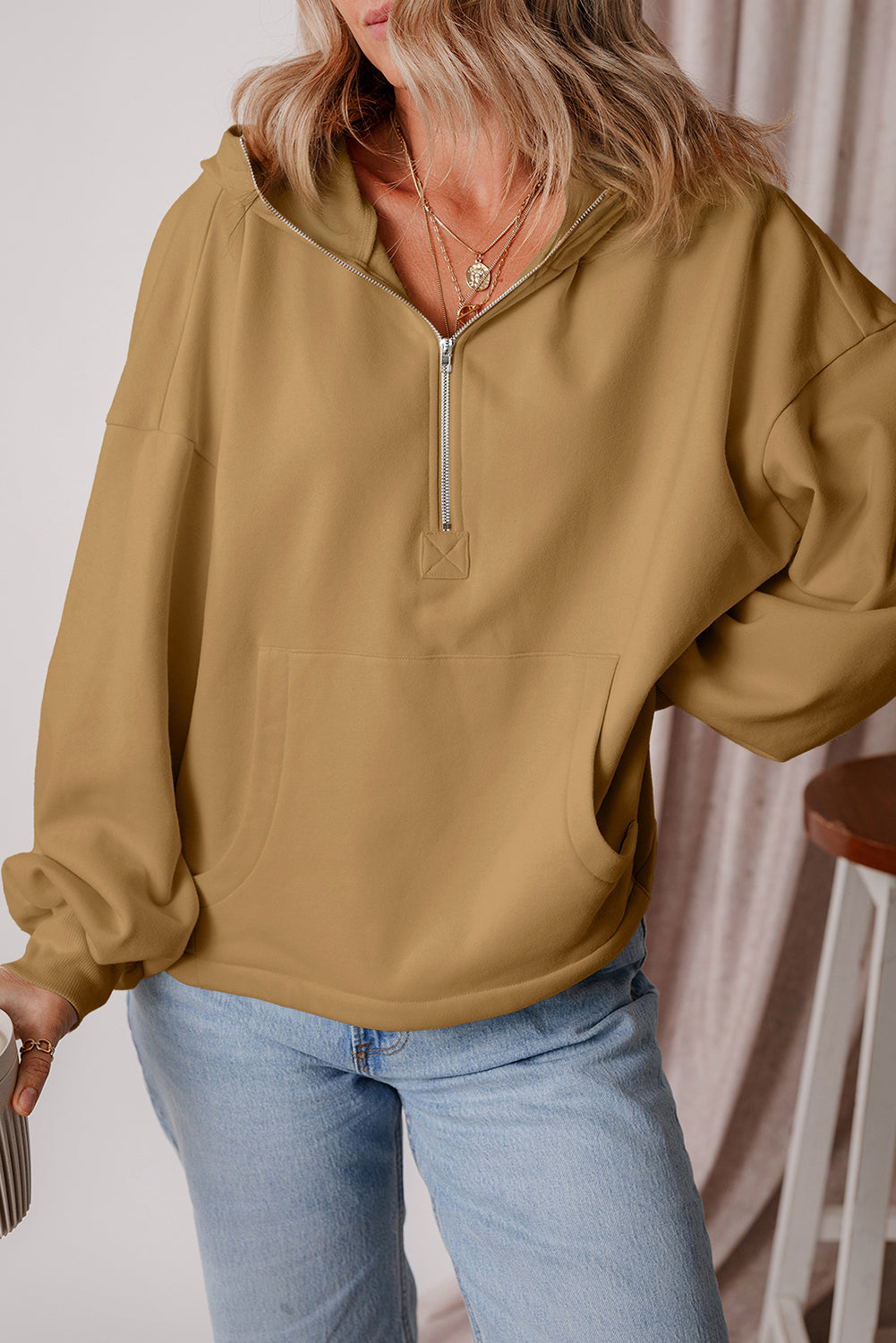 Brown Fleece Lined Half Zipper Kangaroo Pockets Loose Hoodie Sweatshirts & Hoodies JT's Designer Fashion
