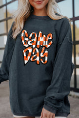 Dark Grey Chenille Checkered Game Day Graphic Drop Shoulder Corded Sweatshirt Graphic Sweatshirts JT's Designer Fashion