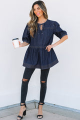 Sail Blue Puff Sleeve Lace-up Neckline Splicing Denim Blouse Blouses & Shirts JT's Designer Fashion