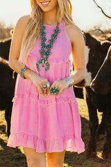 Pink Smocked Neck Knot Back Frilly Tiered Sleeveless Mini Dress Mini Dresses JT's Designer Fashion