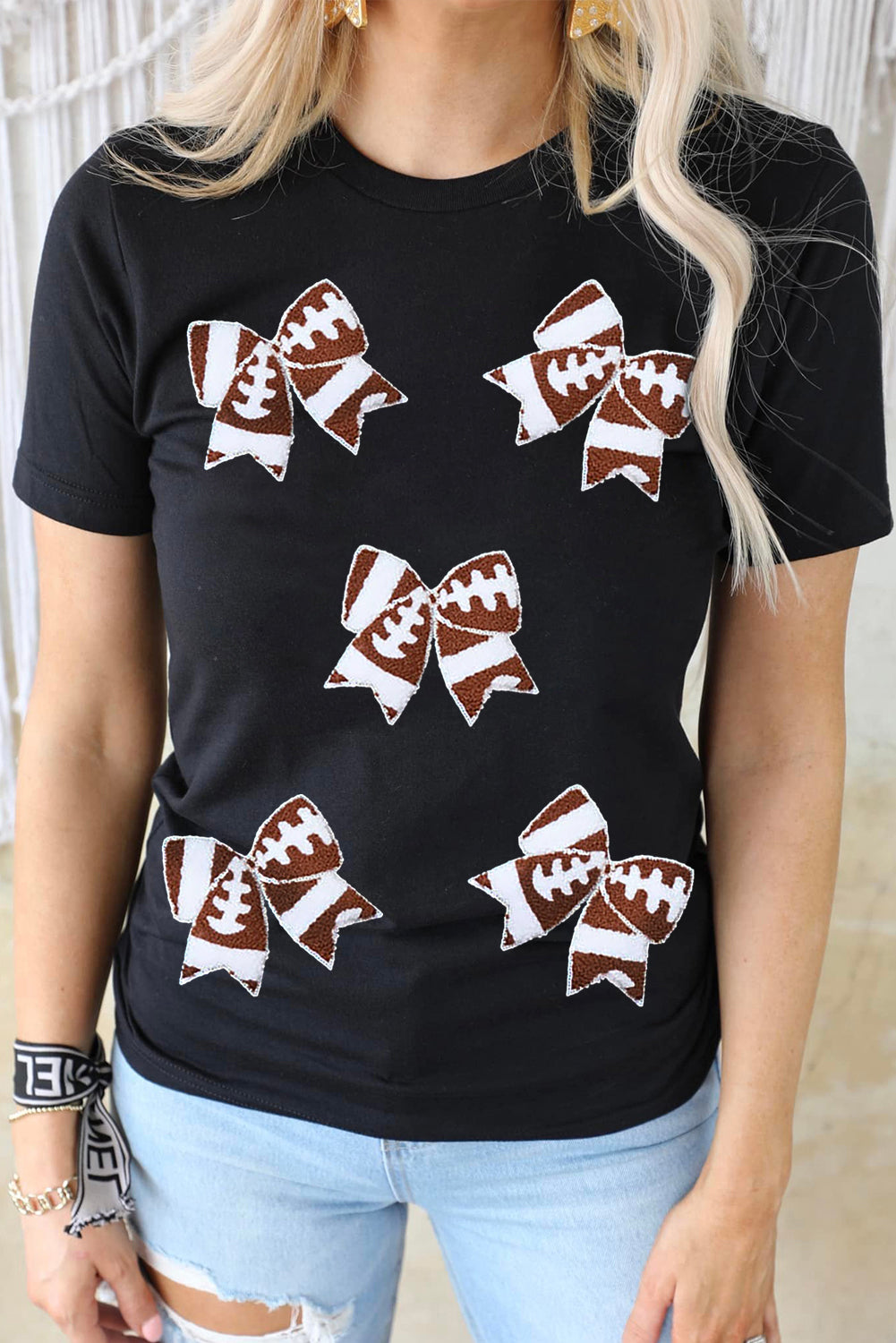 Black Rugby Football Bowknot Pattern Game Day T Shirt Graphic Tees JT's Designer Fashion