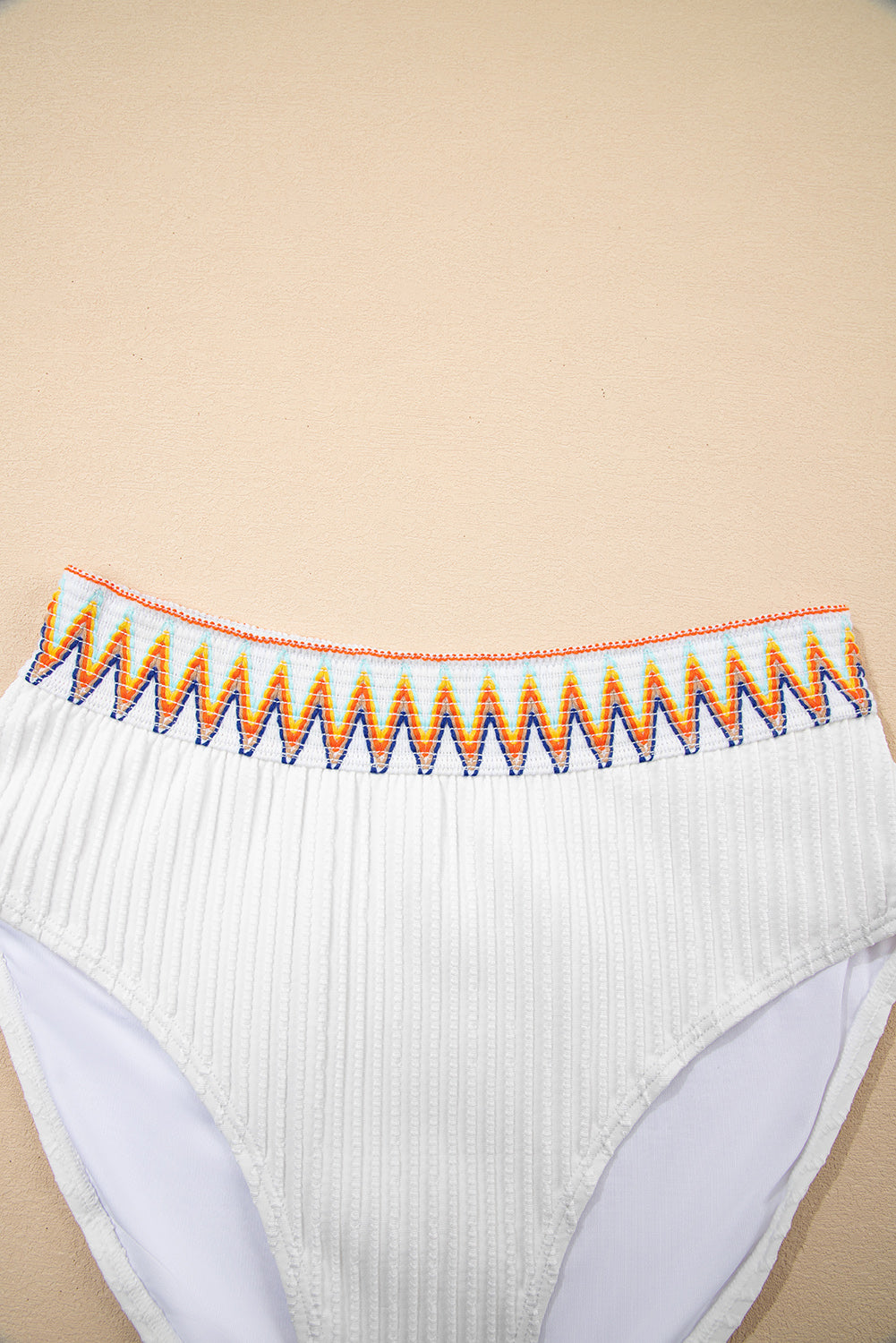 White Textured Contrast Banding Bikini High Waist 2pcs Swimsuit High Waisted Swimsuit JT's Designer Fashion