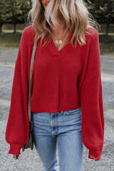 Racing Red Solid Textured Knit V Neck Drop Shoulder Sweater Sweaters JT's Designer Fashion