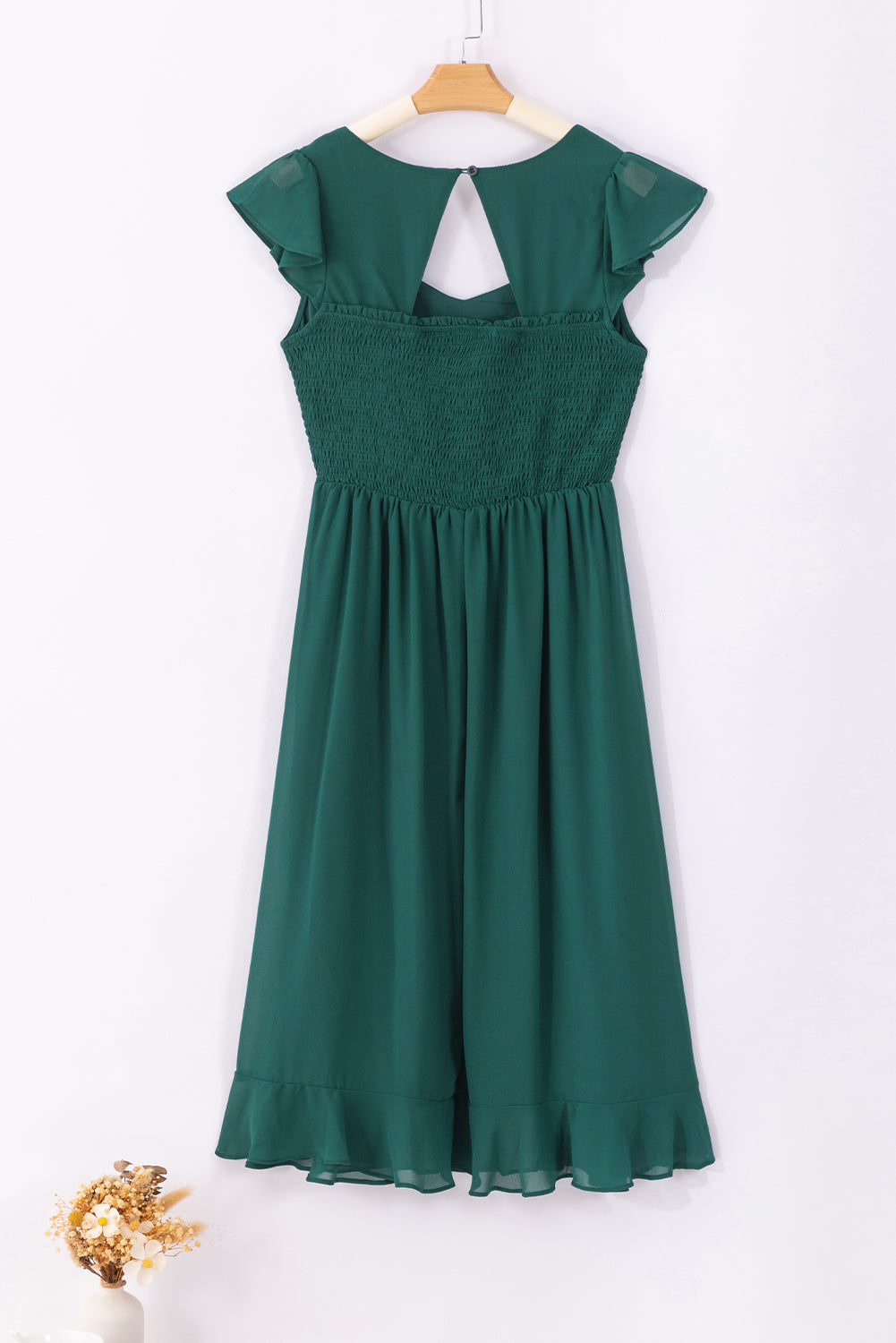 Sea Green Shirred Open Back Sweetheart Neck Ruffled Midi Dress Midi Dresses JT's Designer Fashion