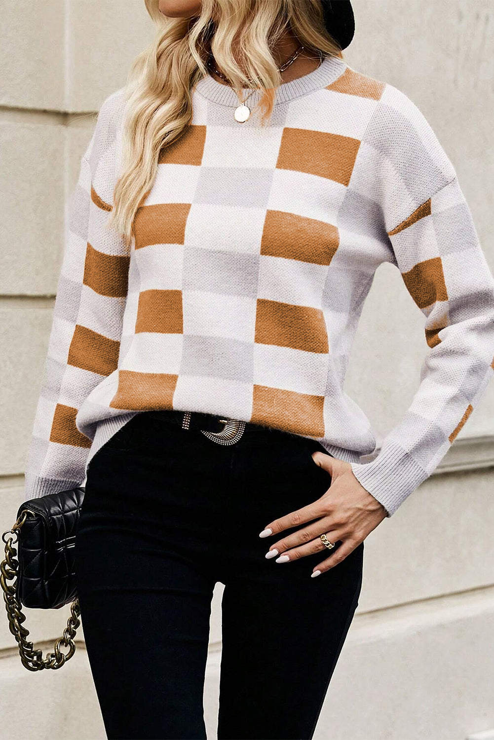 Khaki Checkered Ribbed Edge O Neck Drop Shoulder Sweater Sweaters JT's Designer Fashion