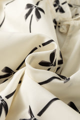 Beige Bow Printed Ruffled Bubble Sleeve Tied Notched V Neck Blouse Blouses & Shirts JT's Designer Fashion