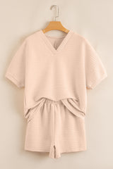 Apricot Textured V Neck T Shirt and Shorts Set Short Sets JT's Designer Fashion