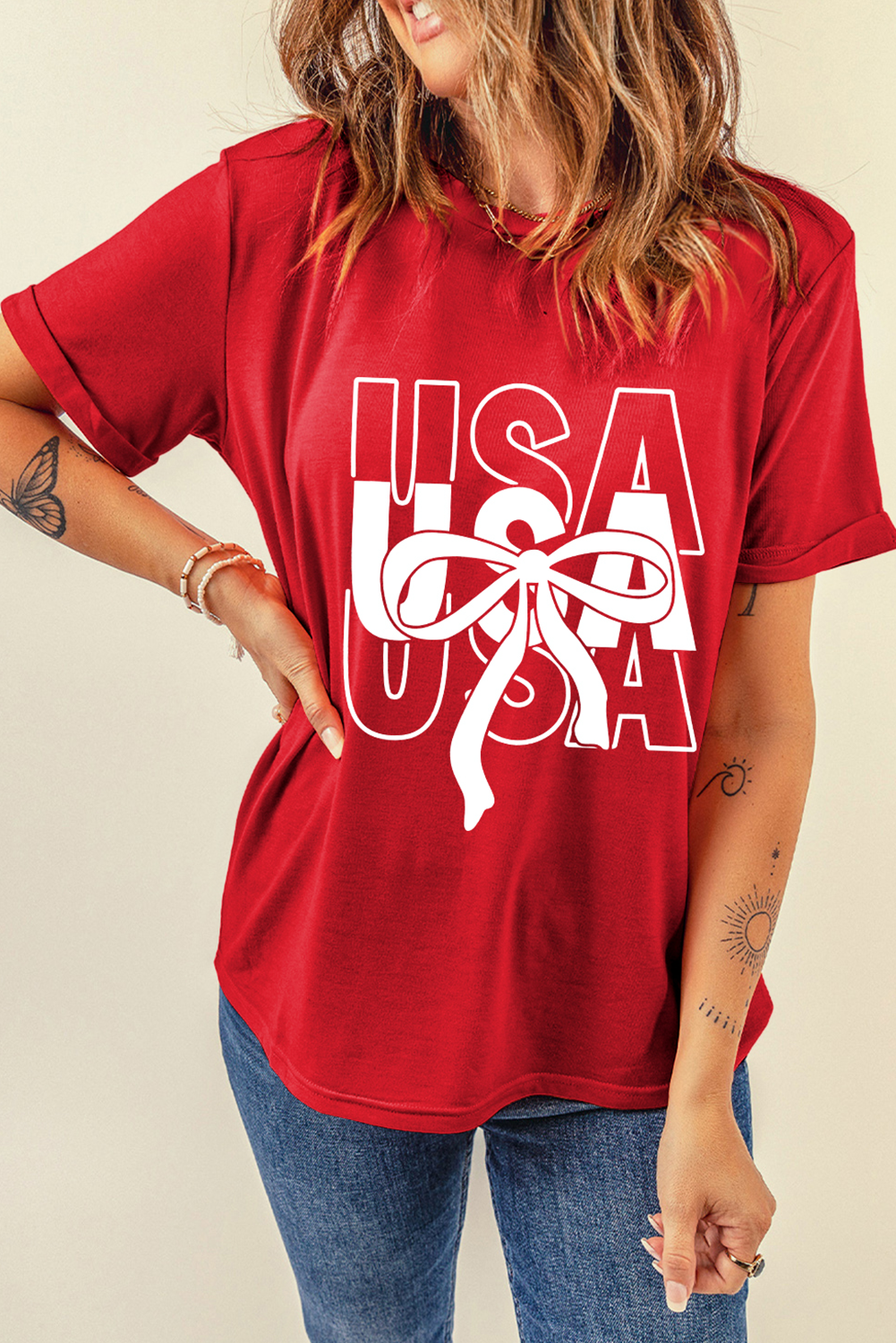 Red USA Bow Printed Casual Cotton Blend T Shirt Graphic Tees JT's Designer Fashion